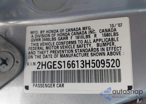 2003 Honda Civic Lx из США, поврежденный, VIN 2HGES16613H509520